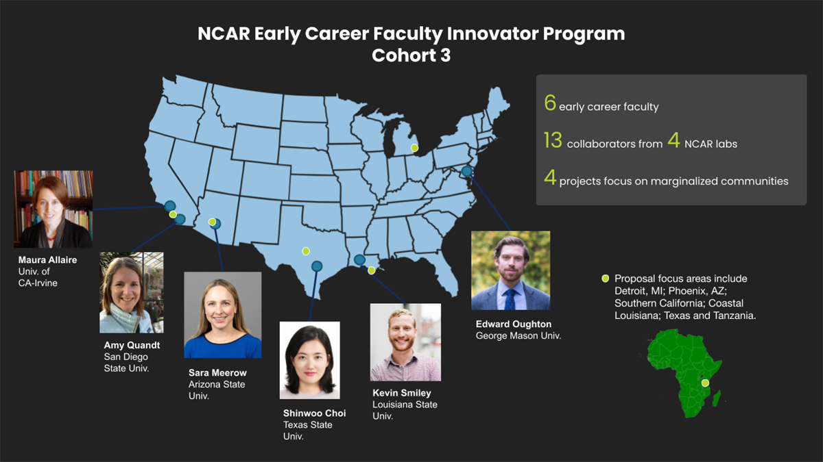Infographic with images of six faculty overlayed with a map of the US indicating the faculty's university location as well as the location of their proposed research. 